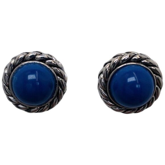 Women’s Royal Blue Twisted Silver Tone Nautical Button Clip On Vintage Earrings - Picture 1 of 7